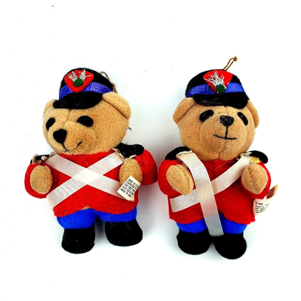 2 Vintage Plush Teddy Bear Solider Xmas Ornaments